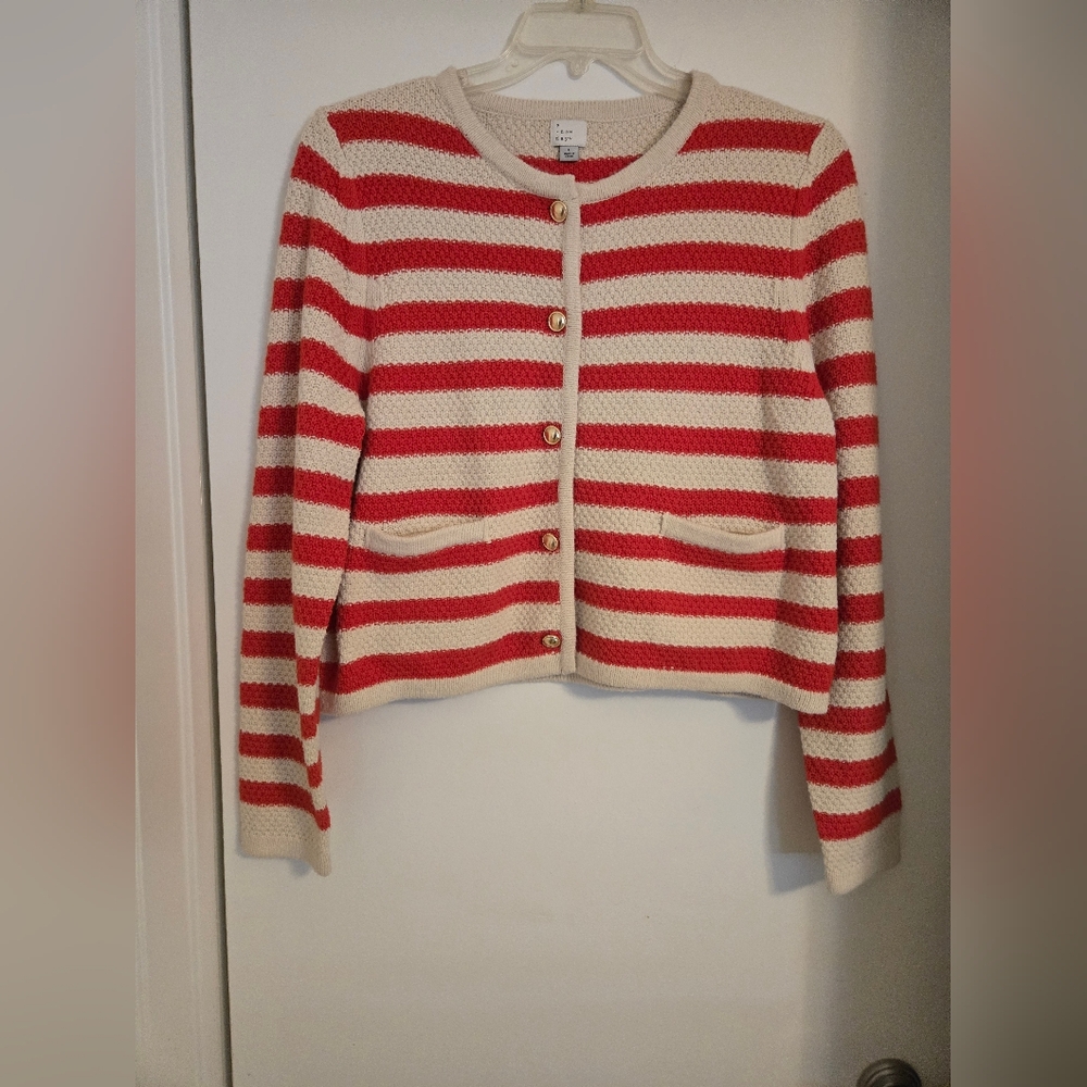 A New Day Red Cream Striped Lady Jacket Coastal Mariner Knit Cardigan. - Picture 3 of 5